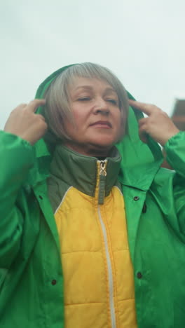 mujer de mediana edad con una chaqueta amarilla bajo un impermeable verde ajusta la capucha mientras está de pie cerca de un banco oscilante, el fondo presenta vegetación borrosa y construcción