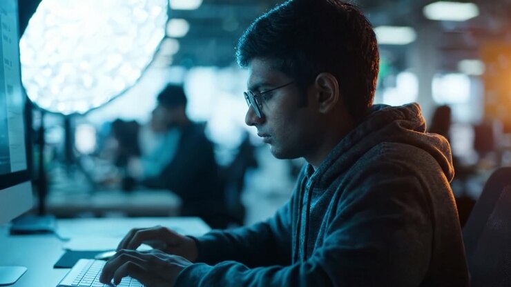 Fokussierte junge Fachkraft arbeitet in den späten Abendstunden am Computer in einem modernen Büroumfeld mit beleuchtendem Licht im Hintergrund.