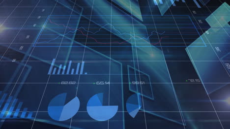 data visualization dashboard displaying line, pie and donut charts over dark-blue grid interface