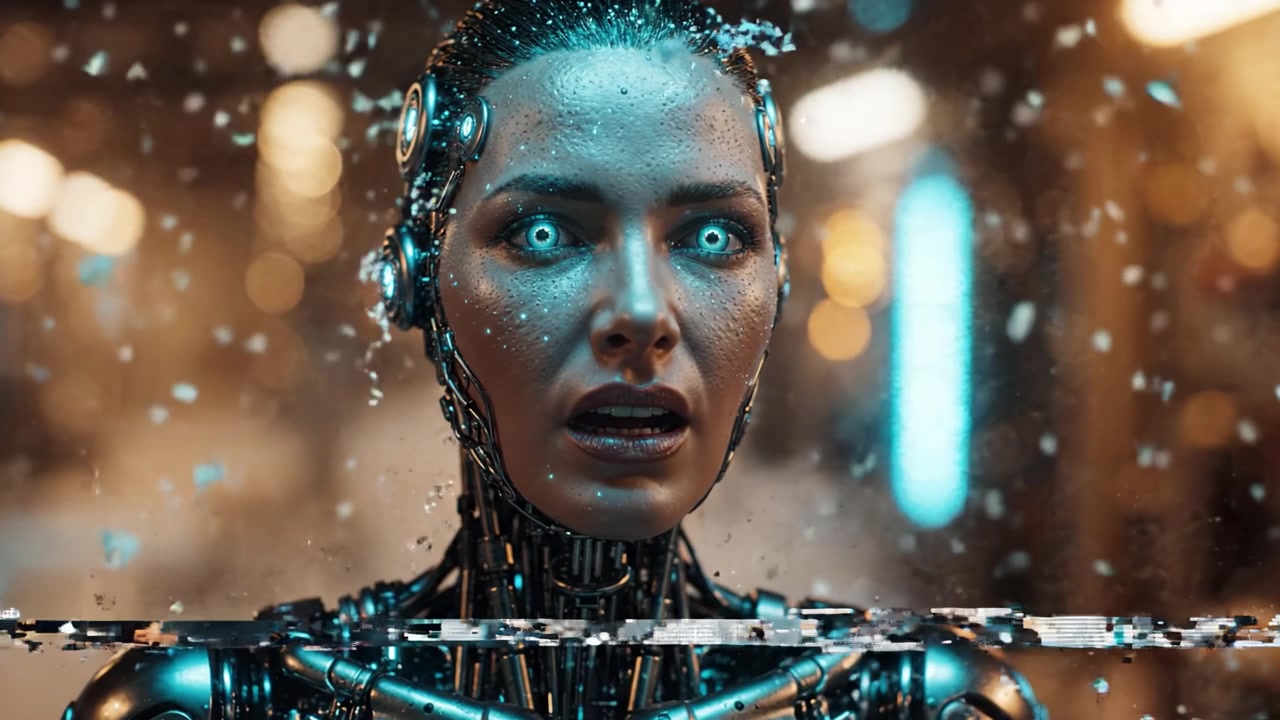 Cyborg incredibilmente realistico con occhi luminosi in un'ambientazione futuristica catturato in due fotogrammi per un'intrigante esplorazione di tecnologia ed emozione