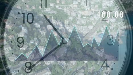 animation of diagrams and data processing with clock over cityscape