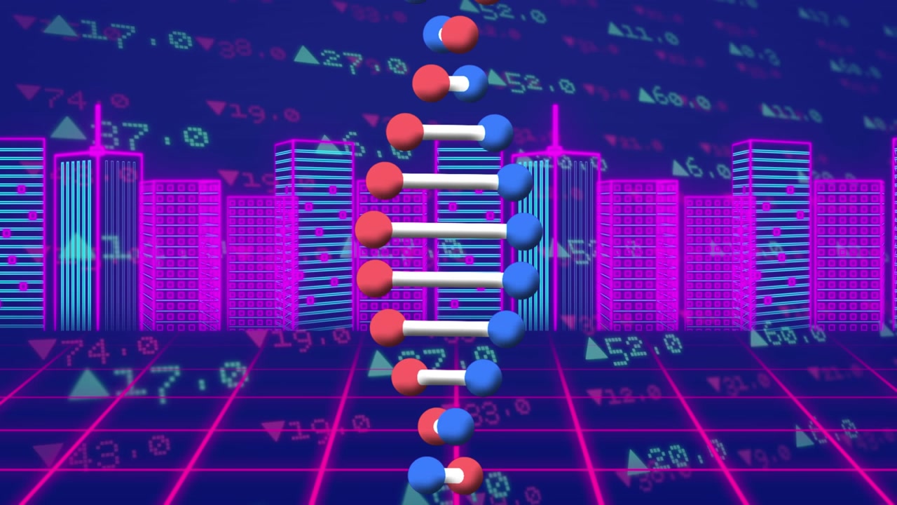 Digital animation of start against digital interface with data processing against cityscape