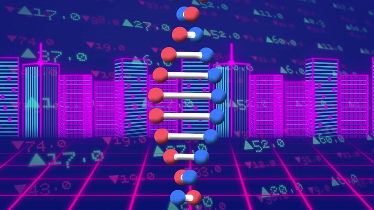 Digital animation of start against digital interface with data processing against cityscape