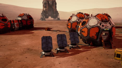 mars base with solar panels and spacecraft