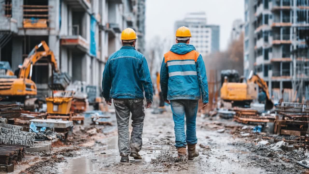 Zwei Bauarbeiter in Schutzkleidung gehen über eine belebte Baustelle und navigieren durch die laufende Entwicklung der städtischen Infrastruktur inmitten von Maschinen und Materialien
