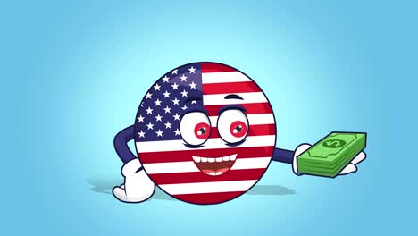 cartoon usa icon flag united states of america money in hand with face animation