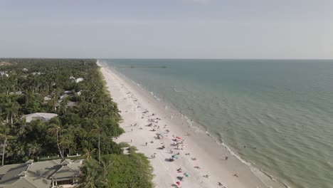 Aerial-over-beachfront-homes-with-palm-trees-to-beach-and-happy-people