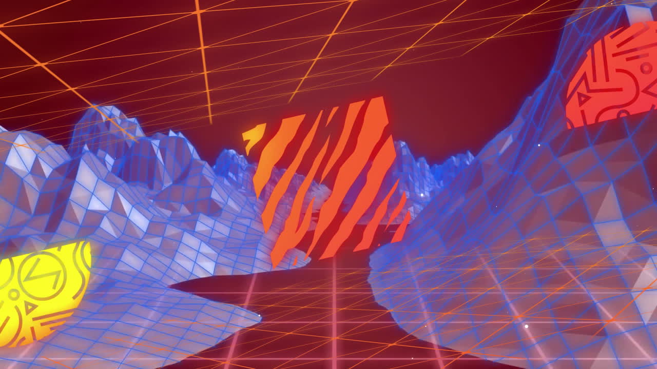 Geometric shapes and patterns animation over digital mountains and grid landscape