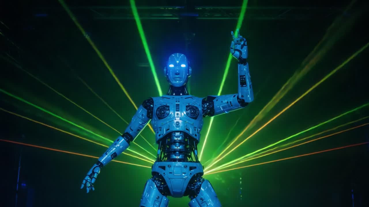An Illuminated Robotic Figure Surrounded by Colorful Laser Beams, Showcasing Advanced Technology and Creativity in a Stunning Light Display