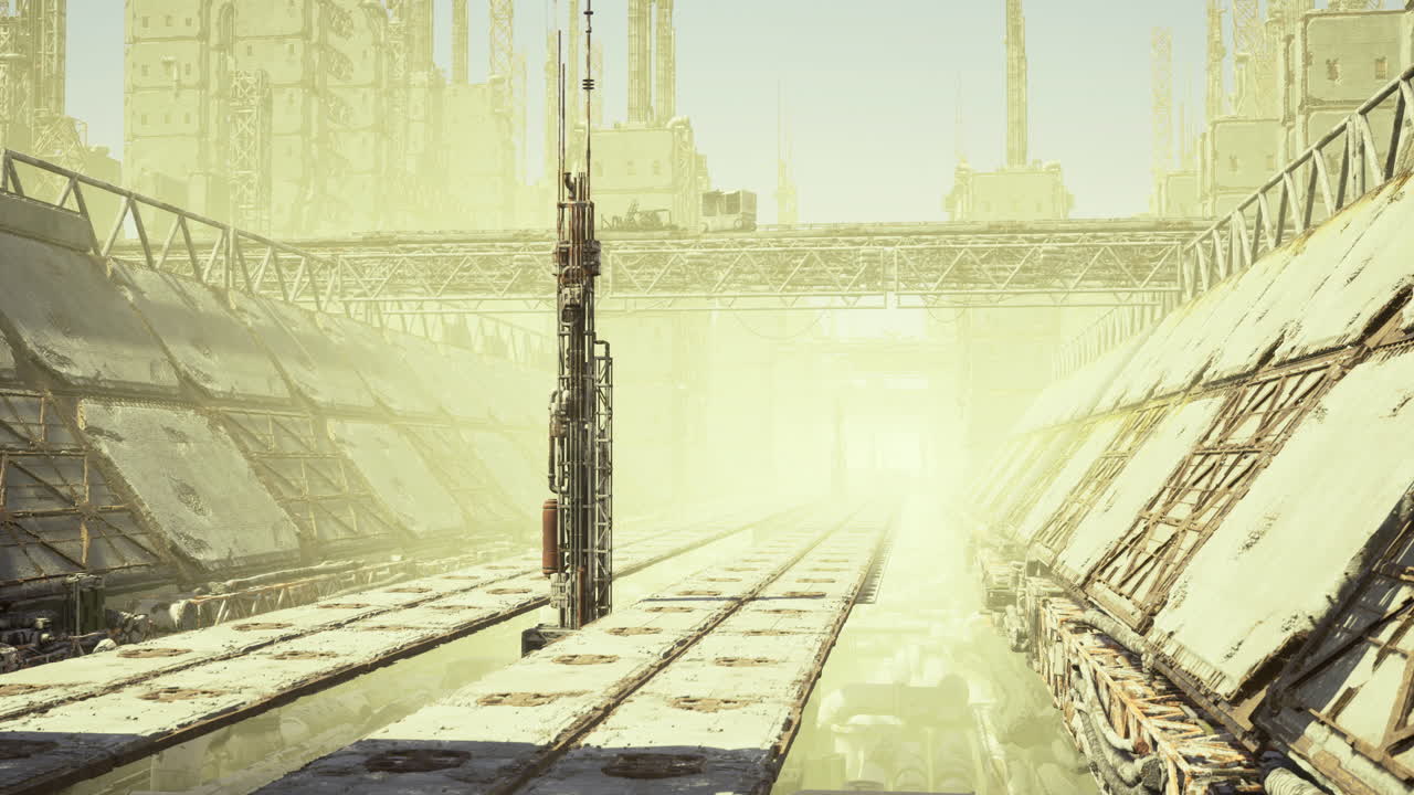 Abandoned industrial landscape with overgrown facilities at dusk