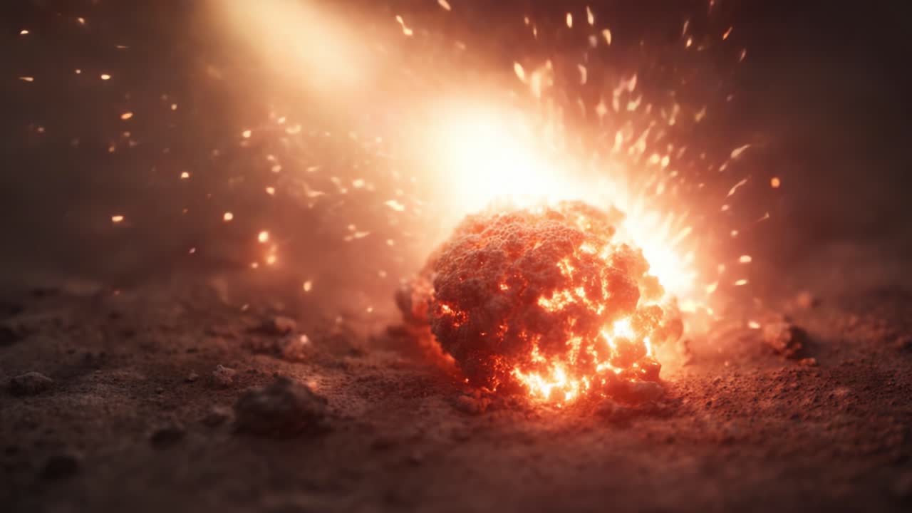 Spectacular Explosion: A Fiery Impact Igniting the Ground with Dynamic Sparks and Glowing Debris Captured in Two Frames Showcasing the Intensity of Energy Release