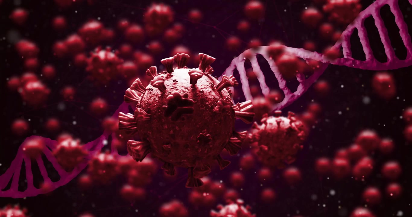 Animazione di cellule virali e filamento di DNA su sfondo nero