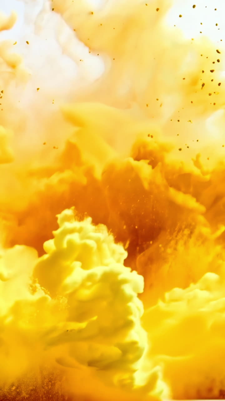 A large orange cloud of smoke is billowing out of a fire. The smoke is thick and billowing, creating a sense of chaos and destruction. The orange color of the smoke contrasts with the white background