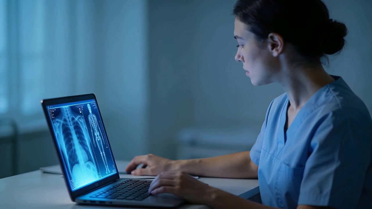 Reading provider in scrubs after chest xray appearing on laptop scrolling for diagnosis, copy space