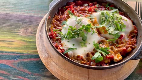 close-up view of traditional shakshouka, eggs poached in tomato sauce, olive oil, peppers, onion and garlic, low carb, keto meal.