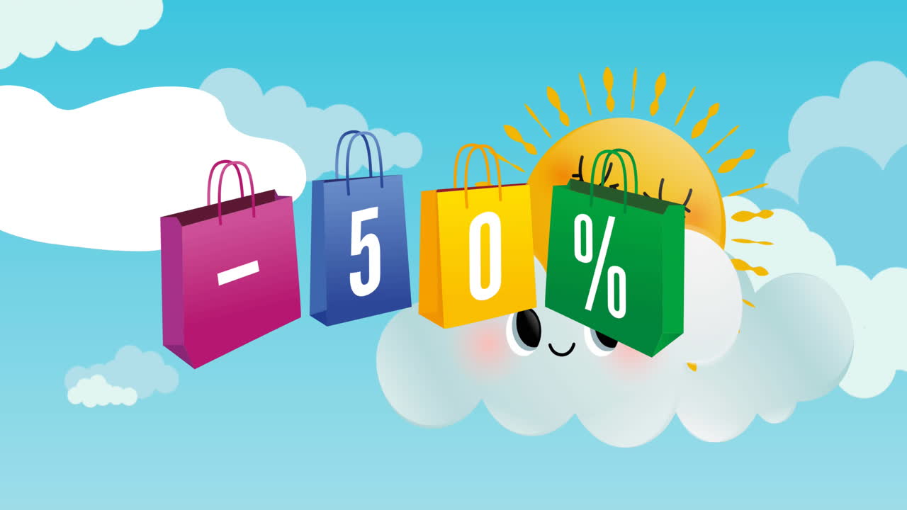 animación de menos el 50 por ciento en bolsas de compras multicolores y sol en el cielo