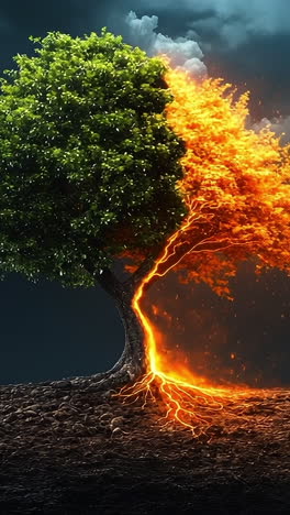 tree of life, fire and growth. a striking tree displays half vibrant green leaves and half fiery orange, symbolizing growth and change in nature.