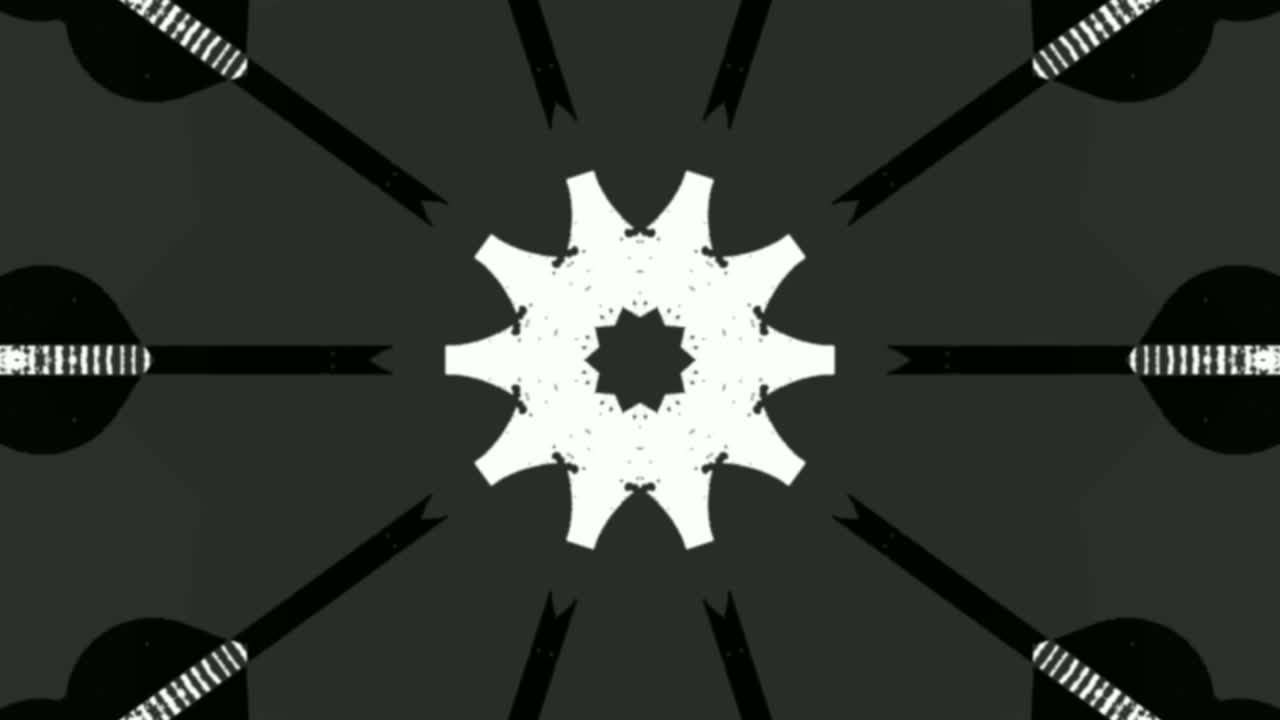 Motion graphic of black and white designs popping from the center and fading, isolated on black background