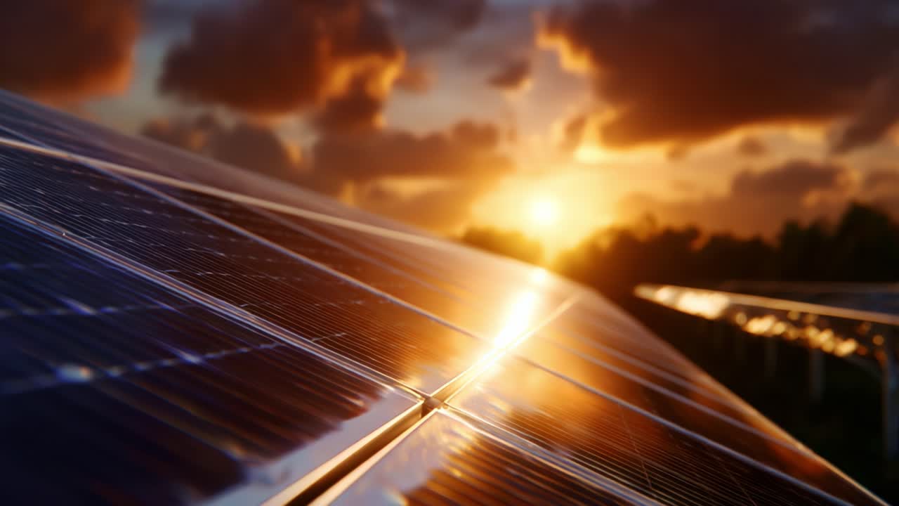 Captivating Sunset Over Solar Panels: A Glimpse into Renewable Energy Efficiency and Nature's Beauty Reflecting on Clean Technology