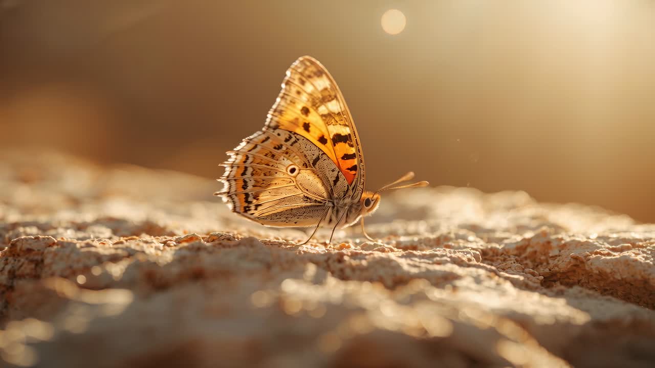 Piccola farfalla arancione-marrone che si riscalda al sole, muovendo le antenne e le zampe, e aprendo le ali su una roccia