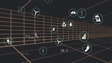 animation of multiple digital icons over tunnel in seamless pattern against black background