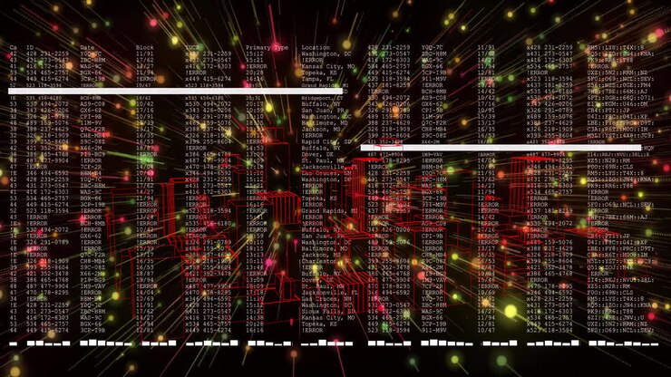Digital data streams and coding animation with colorful lights and numbers