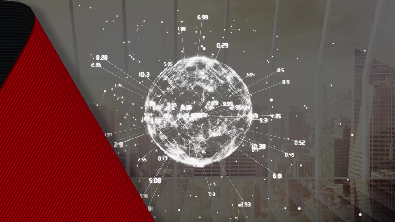 Animation of globe with data processing over cityscape