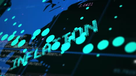 animación del texto de inflación en azul sobre gráfico, mapa del mundo y datos de procesamiento