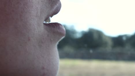 young woman mouth, close up view of the lips with no make up into a car