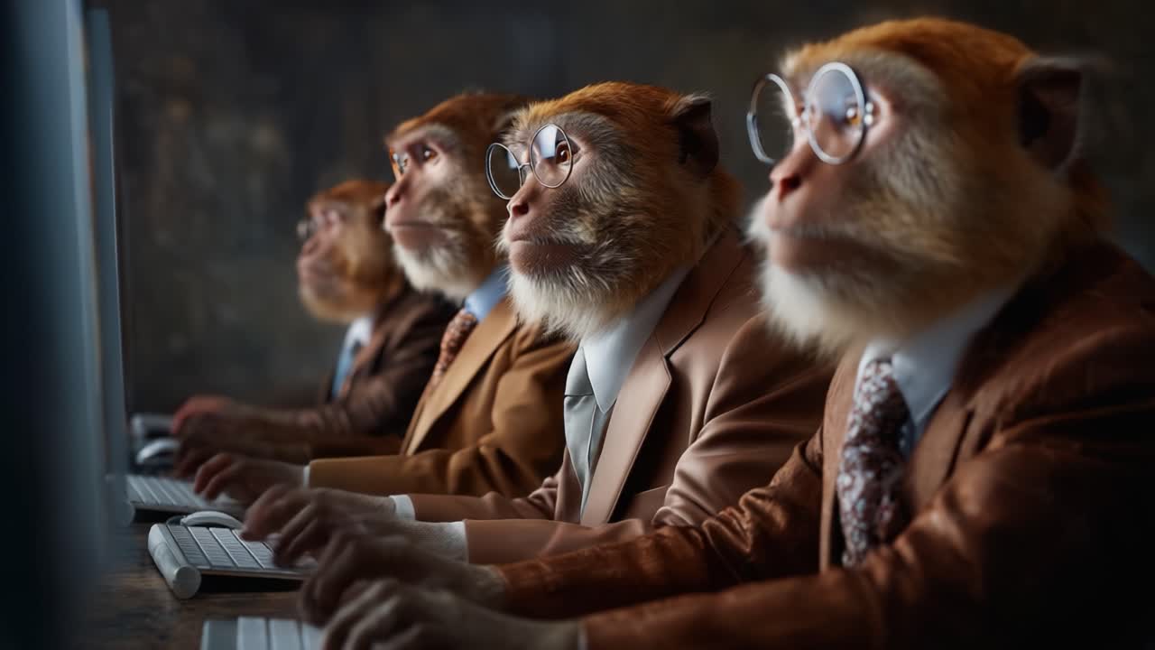 A Group of Monkeys Dressed in Business Attire Work Diligently at Computers, Sporting Glasses, and Displaying Human-Like Characteristics in a Professional Setting