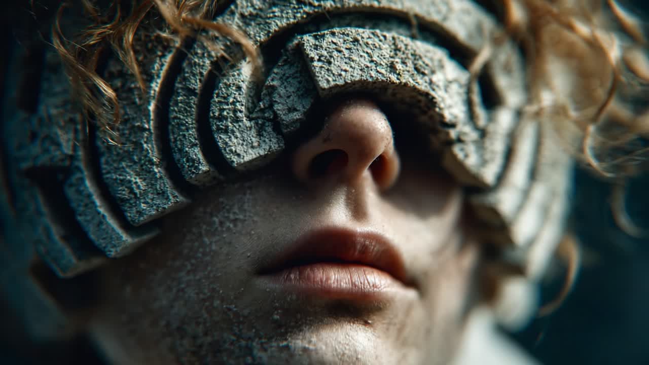 A captivating close-up of a human figure obscured by a striking labyrinthine sculpture that acts as a mask, exploring themes of identity, perception, and the blurred lines between reality and abstraction