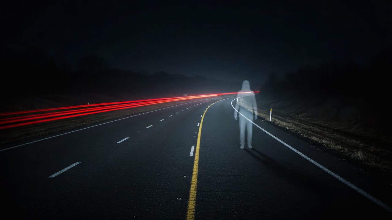 A Mysterious Figure Stands on a Dimly Lit Road at Night, Surrounded by Blurry Lights, Creating an Eerie and Haunting Atmosphere for an Unforgettable Scene