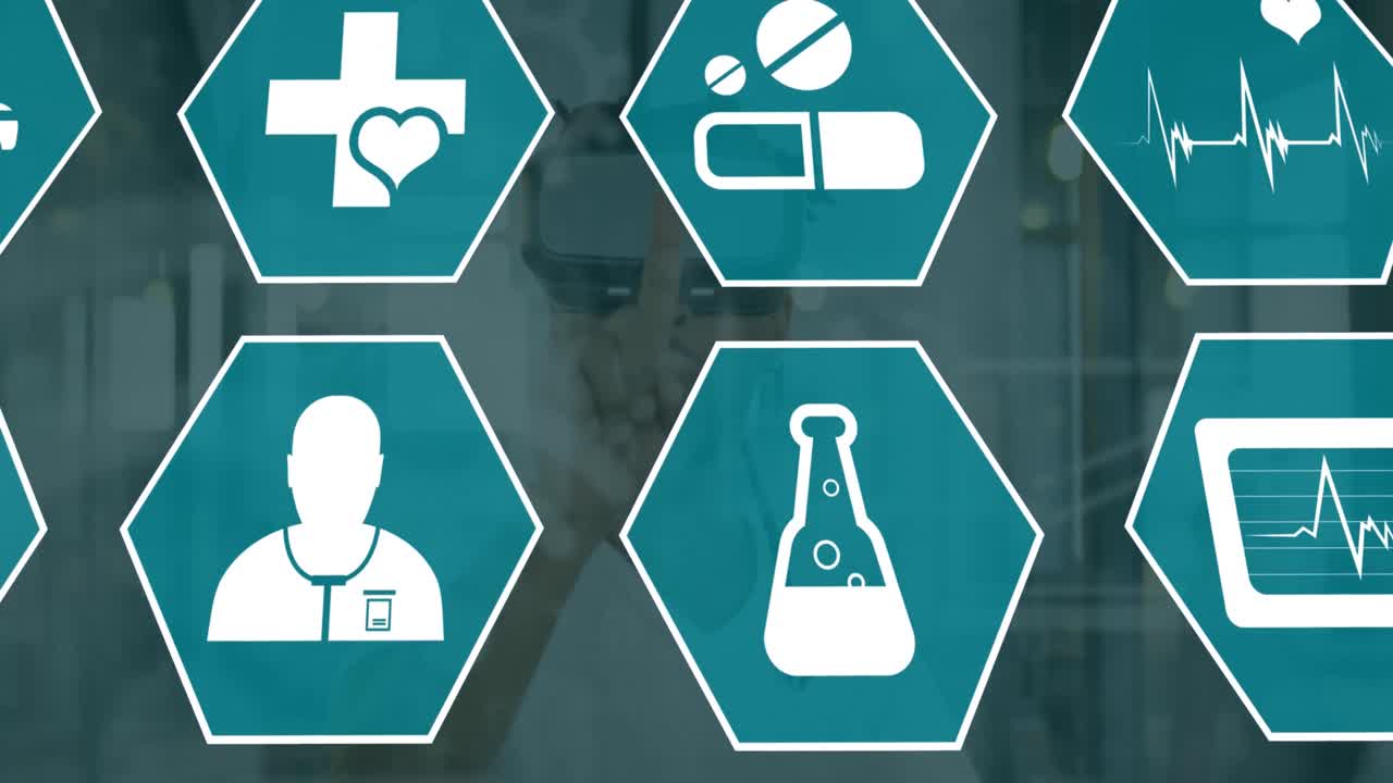 vr 헤드에서 두 인종의 남성 위에 육각형으로 과학 아이콘의 애니메이션