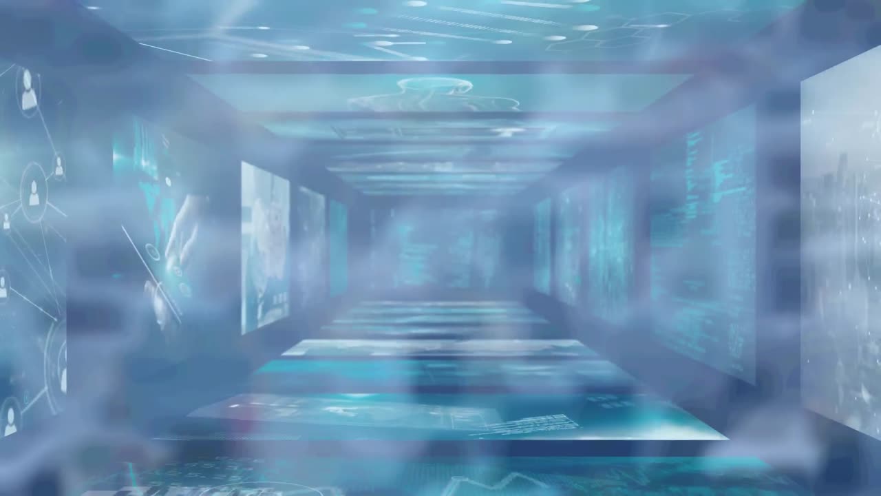 파란색 배경 위의 화면에서 다양한 데이터의 애니메이션