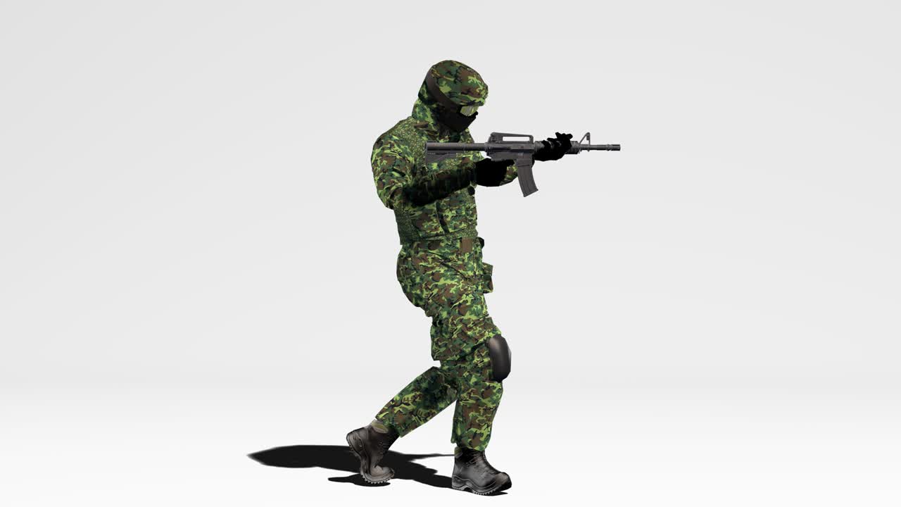 soldado en camuflaje camina con un arma en el fondo blanco listo. canal alfa. animación 3d.