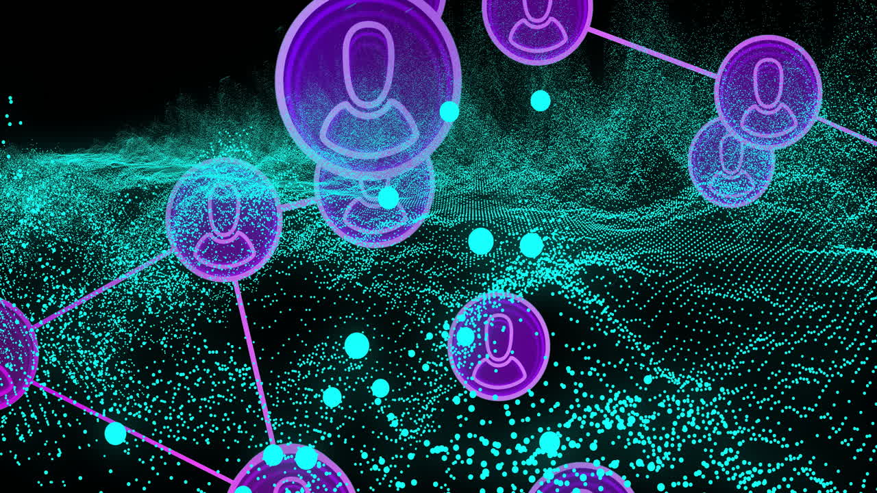 Animation of purple user icons connected over digital landscape with blue particles