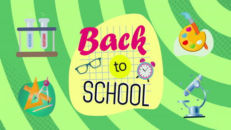 Back to school text animation over colorful school supplies illustrations