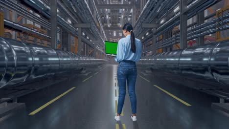 woman using laptop in a large industrial facility
