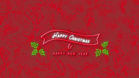 Feliz-Navidad-Y-Feliz-Año-Nuevo-Texto-En-Neón-Contra-El-Patrón-Navideño-Sobre-Fondo-Rojo.