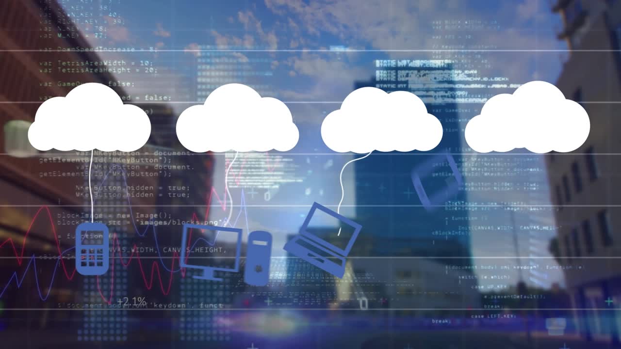 Animation of clouds and digital icons over financial data processing in lines