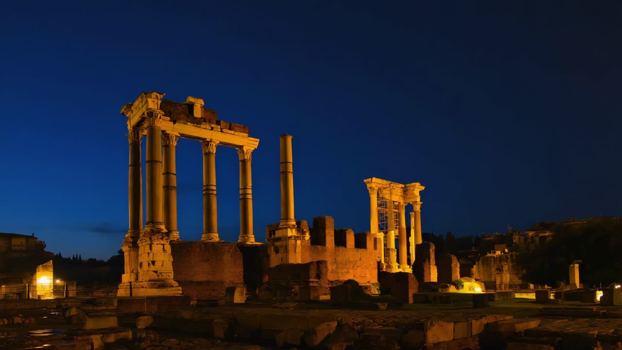 Nighttime illumination casting warm golden light on weathered marble columns of Temple of Castor and Pollux, highlighting architectural details against deepening blue sky of Roman Forum