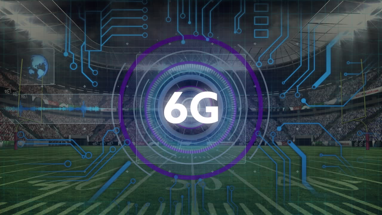 Animation of data processing and 6g text over sports stadium