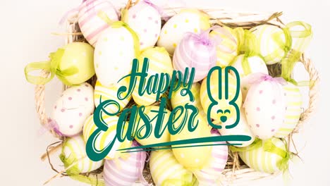 animation of happy easter text with easter bunny over basket with easter eggs