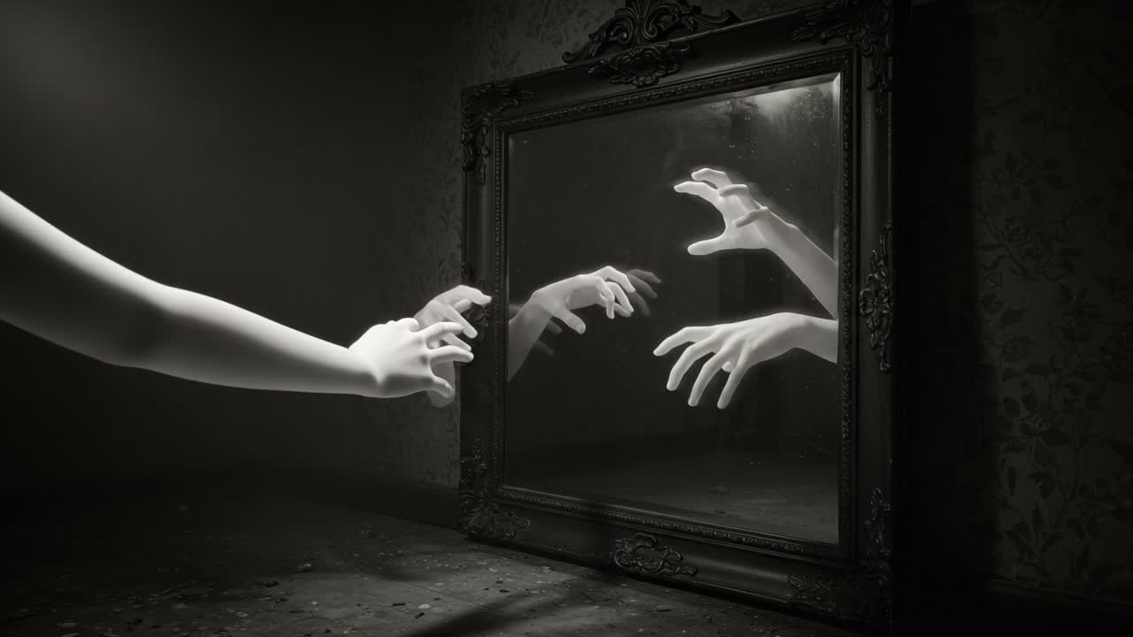 A Surreal Encounter: Phantom Hands Reaching from a Mirror Capture the Essence of the Unknown, Evoking Mystery and Intrigue in a Hauntingly Beautiful Setting