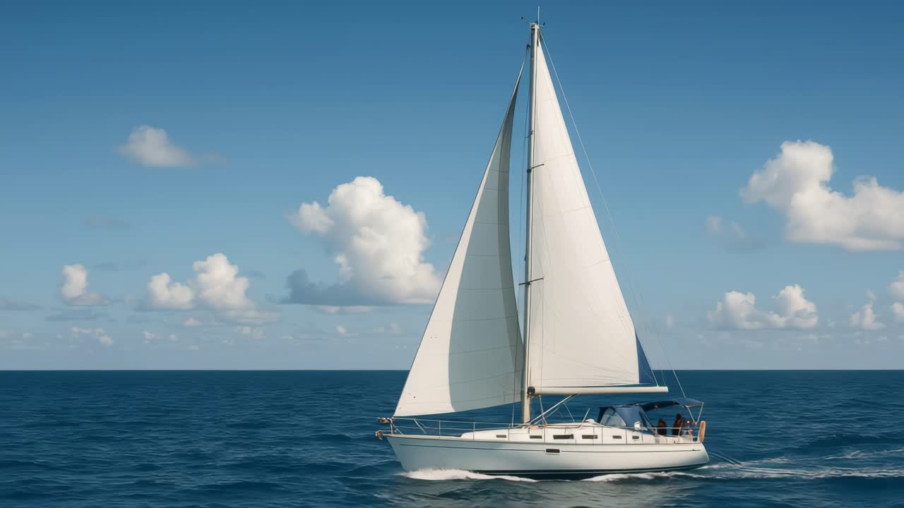 A serene video scene of a sailboat gliding on calm blue waters, captured from a low angle