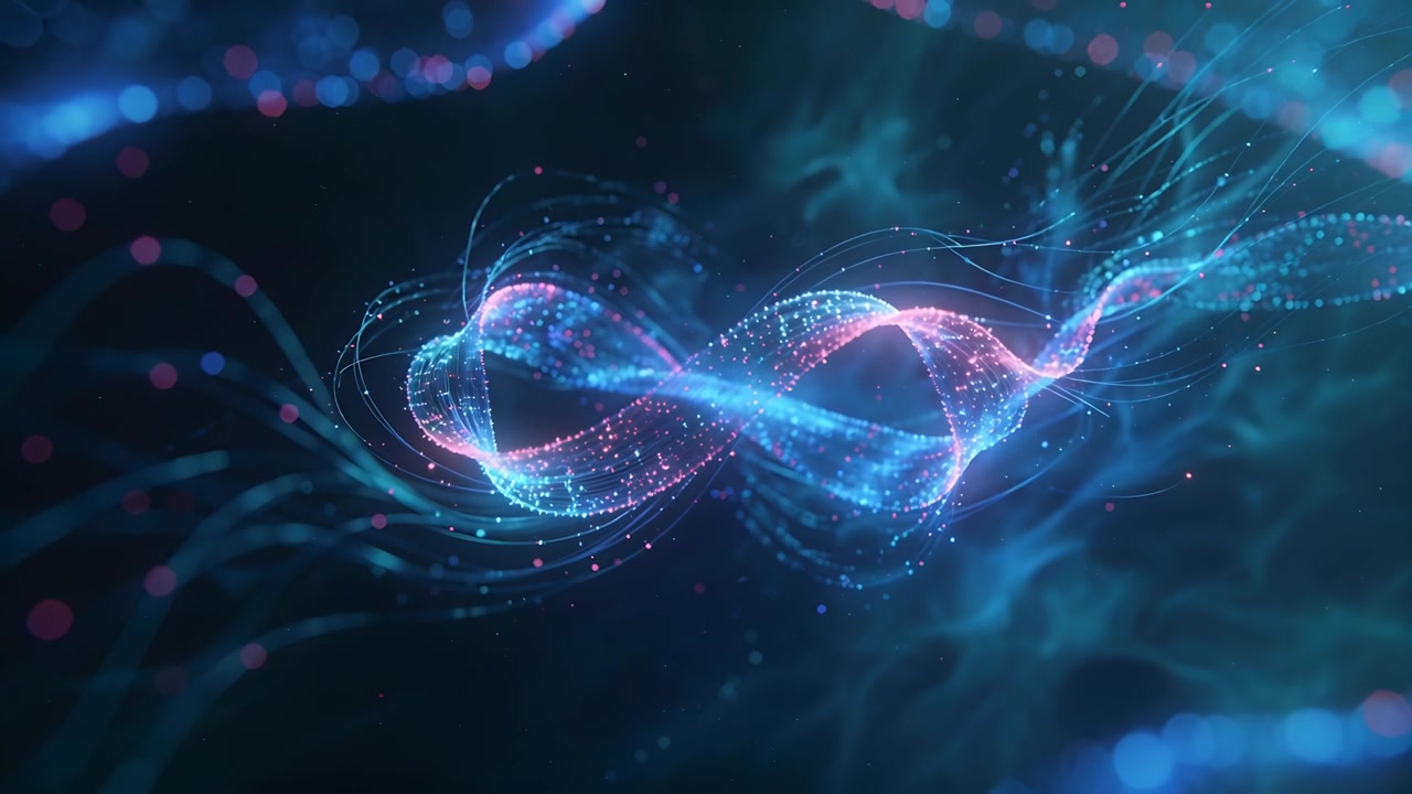 Loop che inizia con un nastro centrale che si sposta e si illumina in uno spazio CGI, con filamenti che si estendono per la profondità.