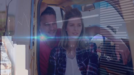 animation of digital data processing over two caucasian people in car