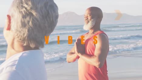 Animation-Von-Vibes-Text-über-Ein-älteres-Afroamerikanisches-Paar,-Das-Am-Strand-Yoga-Praktiziert