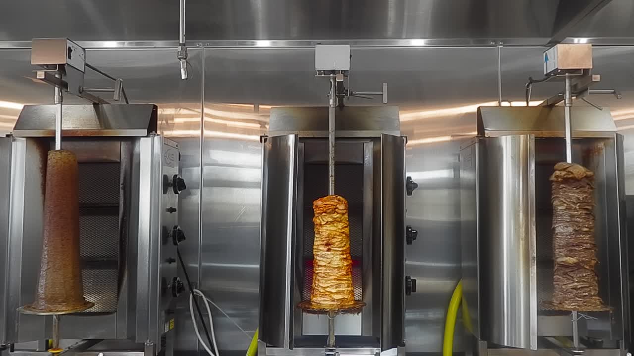 4k loop5-5 parrilla mixta bbq trio asador vertical asar carne marinada de izquierda a derecha donair de ternera picante, shawarma de pollo marinado y filetes de shawarma de ternera sazonados en rodajas finas apilados