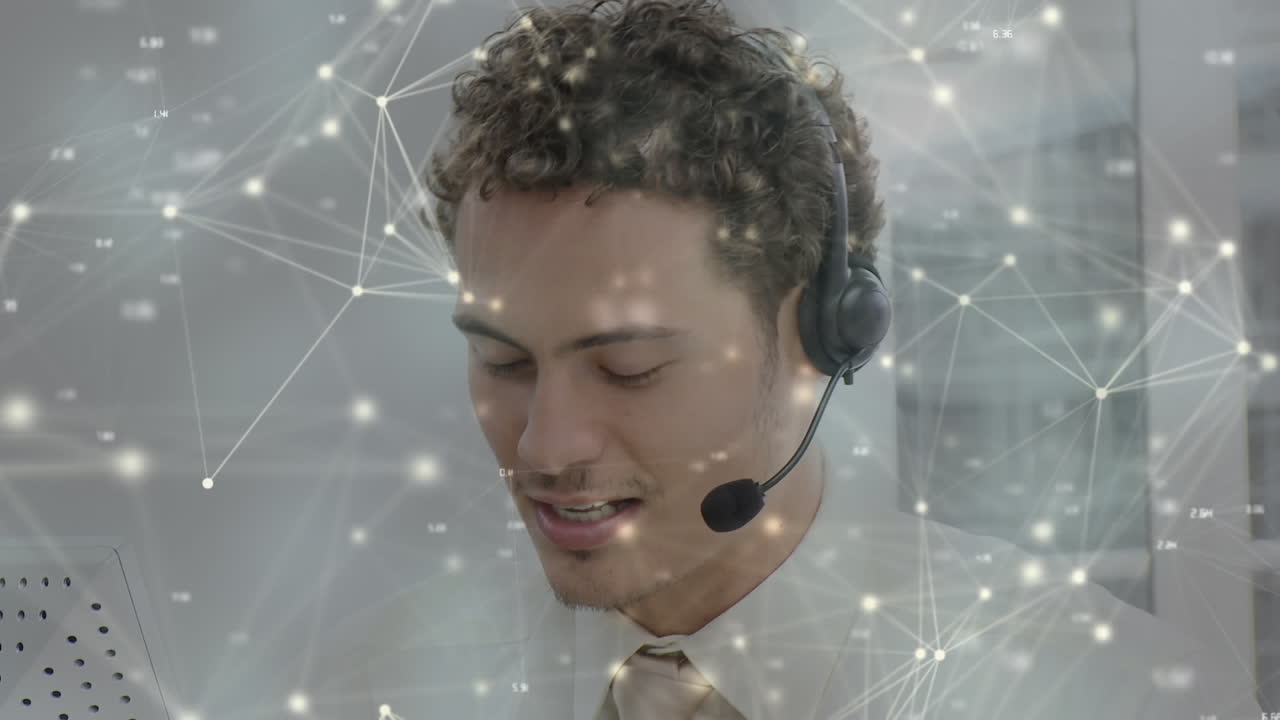 Animation of networks of connections over businessman wearing phone headset